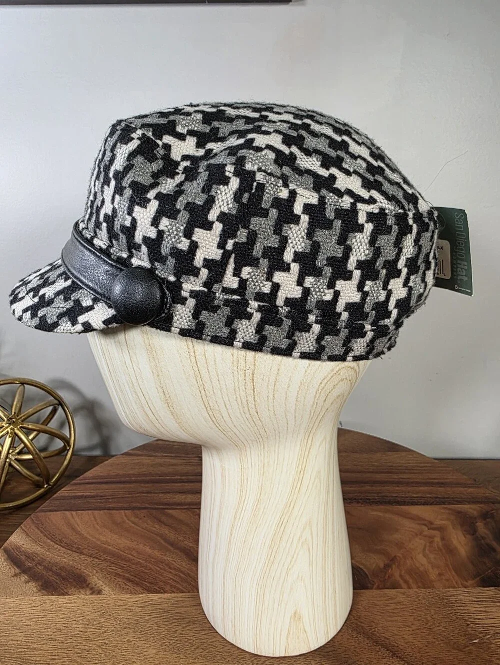 NEW San Diego Hat Company Black & White Houndstooth Cadet Hat Faux-Leather Band